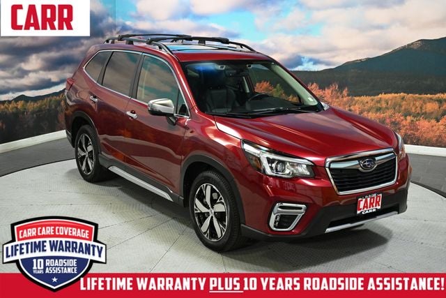 2019 Subaru Forester Touring in Crimson Red Pearl — front three-quarter view